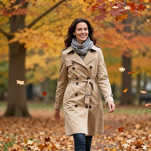 Photograph of a smiling woman with long brown hair, wearing a beige trench coat, gray scarf, and black pants, walking through an autumn park with