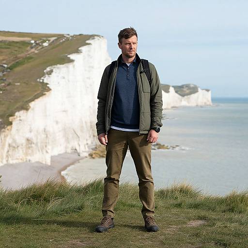 Photograph of a man with short brown hair, wearing a green jacket, black shirt, brown pants, and boots, standing on grassy cliff overlooking