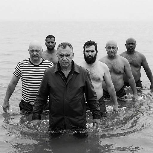 Intense Men Wading in Water