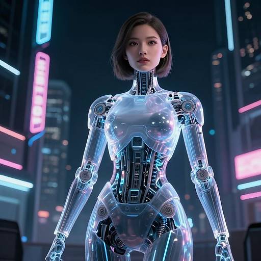 CGI image of a futuristic, glowing, transparent humanoid woman with short black hair standing in a neon-lit cityscape at night.