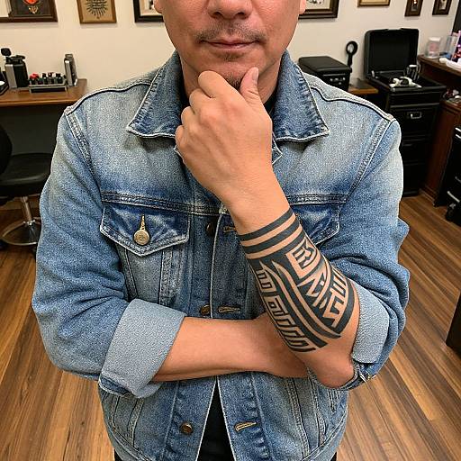 Photograph of a man with light brown skin and a tribal tattoo on his right forearm, wearing a blue denim jacket, standing in a wooden-flo