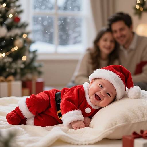 Photograph of a joyful baby in a red Santa outfit lying on a white pillow, smiling, with blurred smiling parents and a decorated Christmas tree in the