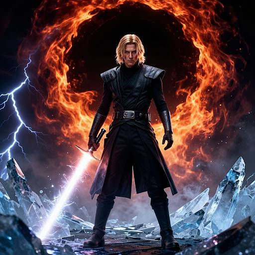 Digital artwork of a blonde, muscular man in black armor, standing defiantly before a fiery, electrically charged background with ice crystals.
