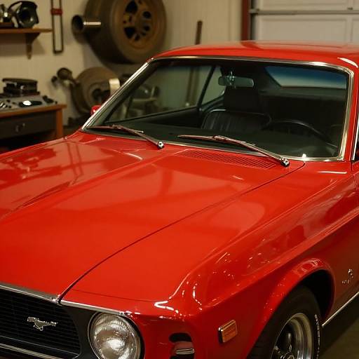 Photograph of a bright red, vintage muscle car with a glossy finish, parked in a garage, featuring black tires and car tools in the background.