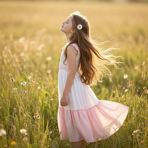 Photograph of a young girl with long brown hair, wearing a white dress with pink tulle, standing in a sunlit meadow, head tilted