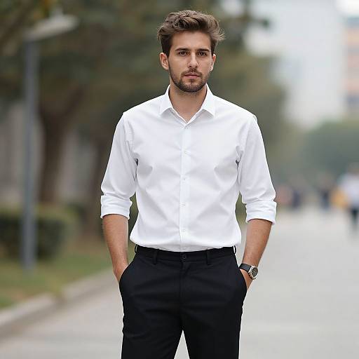 Photograph of a handsome, bearded man with short brown hair, wearing a white button-up shirt and black pants, standing confidently on a blurred city