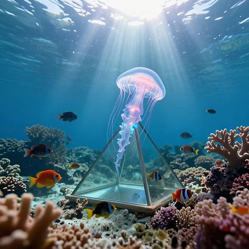 Photograph of a glowing jellyfish hovering above a triangular glass enclosure, surrounded by colorful fish and coral reefs, illuminated by underwater sunlight beams.