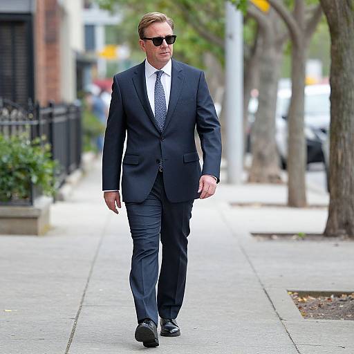 Photograph of a tall, white man in a black suit, white shirt, patterned tie, and black sunglasses walking down a sunlit urban sidewalk