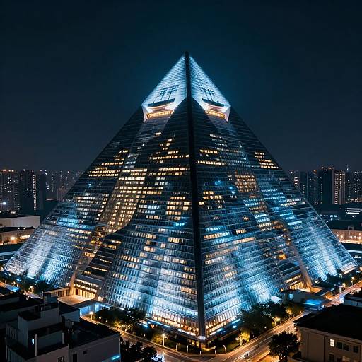 Photograph of a brightly lit, pyramid-shaped skyscraper at night, with blue and white lights illuminating its glass facade against a dark city skyline.