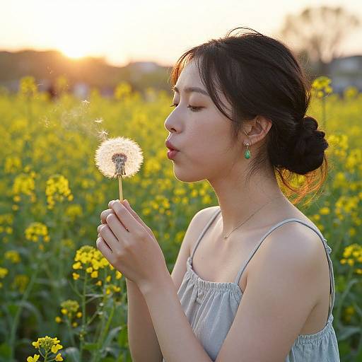 Asian woman with black hair in a bun, green earrings, blowing on a dandelion in a sunlit field of yellow flowers.