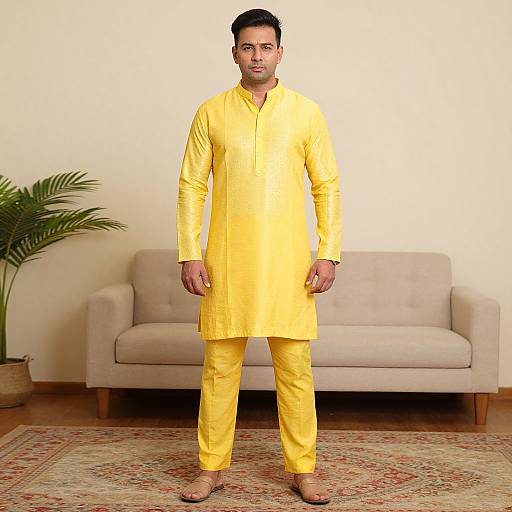 Photograph of a South Asian man in a bright yellow traditional kurta and pyjama, standing in a living room with a beige couch, p