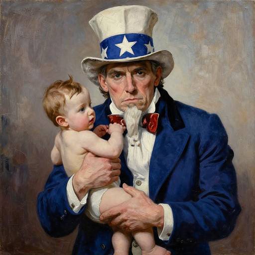 Digital painting of an older man with a white top hat and blue coat, holding a naked baby with a curious expression. Both have serious expressions, against