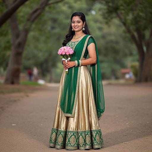 Indian Woman in Traditional Dress Holding Pink Bouquet