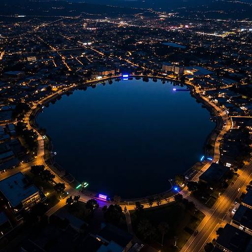 Aerial photograph of a circular, dark blue lake surrounded by illuminated streets, buildings, and trees at night, with city lights visible in the background.