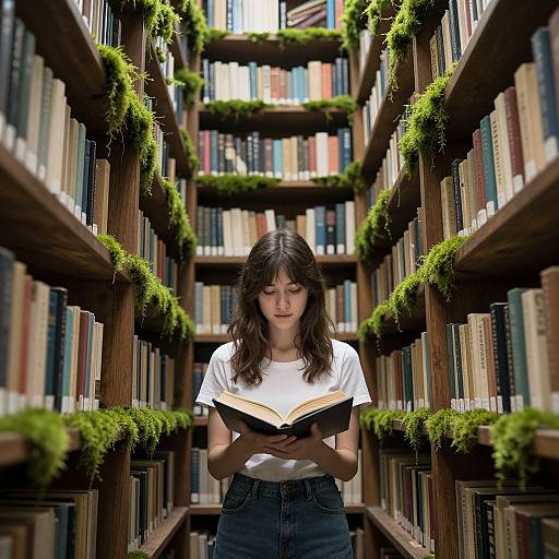 Photograph of a young woman with long brown hair, wearing a white t-shirt and blue jeans, reading a book in a narrow, wooden bookshelf
