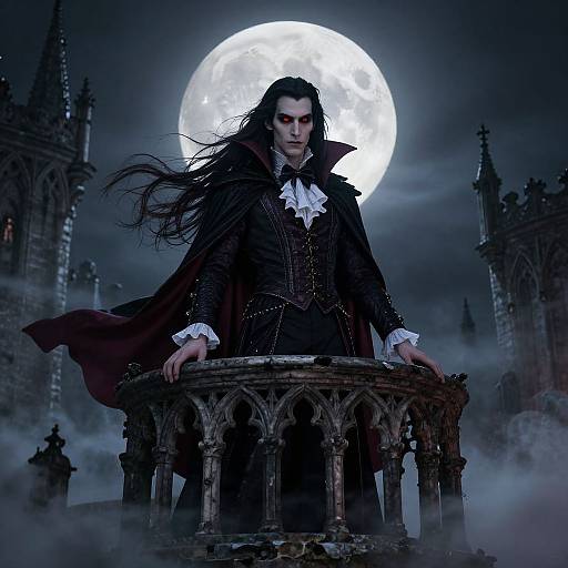 Photographic-style digital artwork of a dark, brooding vampire with long black hair, red eyes, and a black cape, standing on an ornate