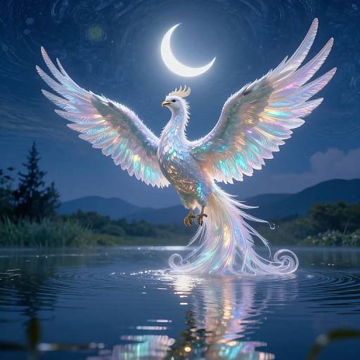 Digital art of a radiant, white phoenix with iridescent wings, standing on a lake at night, a crescent moon above.
