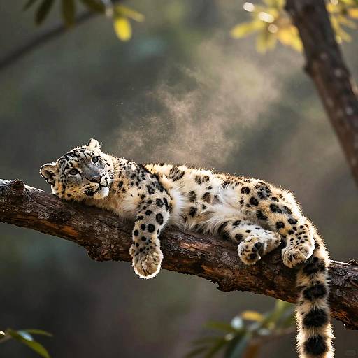 Snow Leopard Lounging in Sunlit Forest