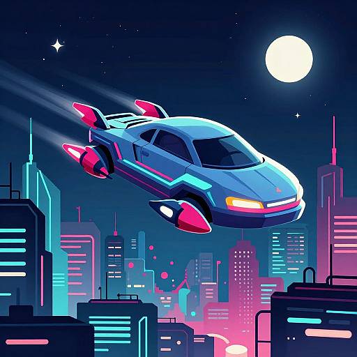 Digital illustration of a neon-colored flying car with red and blue accents, soaring above a vibrant, neon-lit cityscape at night. Bright full moon
