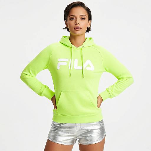 Photograph of a woman with short black hair, wearing a bright neon green Fila hoodie and shiny silver shorts, standing against a plain white background.