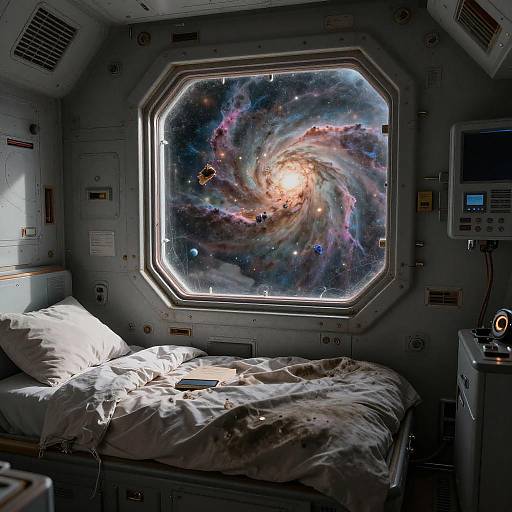 Cinematic Abandoned Spaceship Cabin Looking Out