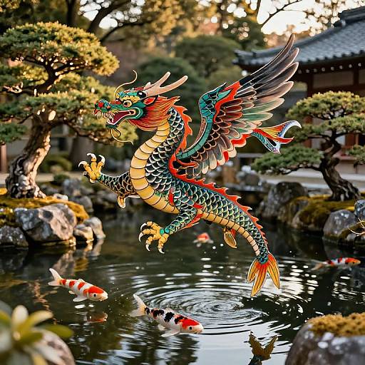Vibrant, detailed digital painting of a colorful dragon with red, green, and orange scales, leaping from a serene Japanese garden pond with k