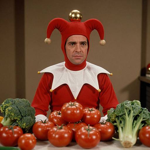 Photograph of a serious man in a red jester costume with gold pompoms, white collar, and a gold ball, sitting at a table overflowing