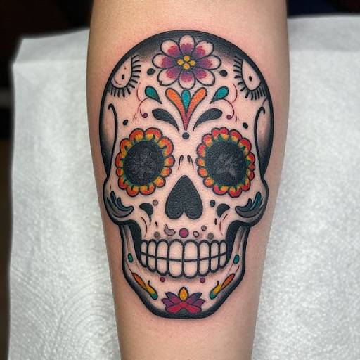 Stylized Sugar Skull Calf Tattoo