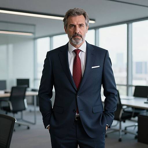 Photograph of a middle-aged man with gray hair and beard, wearing a black suit, white shirt, and red tie, standing in a modern,