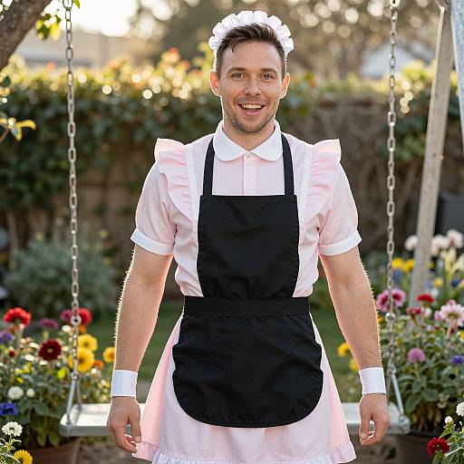 Photograph of a smiling man in a classic French maid outfit with black apron, white dress, and headpiece, standing in a colorful garden with