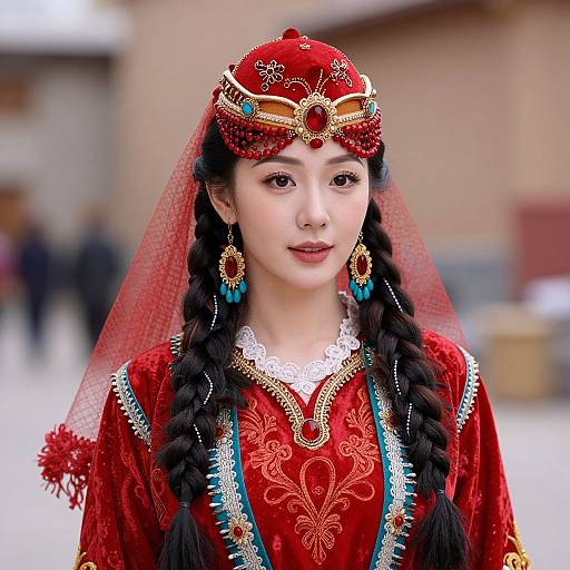 Photograph of an Asian woman in traditional, ornate red attire with braided hair, red headpiece, and jewelry, standing outdoors.