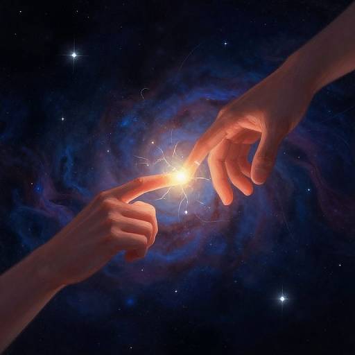 Photograph-like CGI: Two human hands pointing at a bright, glowing star in a cosmic background of dark blue and purple nebula with sparkling stars.