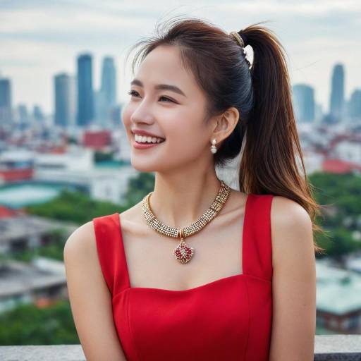 Smiling young woman in red dress with city background
