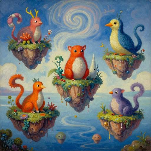 Whimsical digital painting of five colorful, anthropomorphic animals with antlers, sitting on floating, grassy islands in a vibrant blue sky.