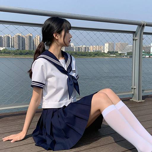 Asian Schoolgirl in Sailor Uniform by River
