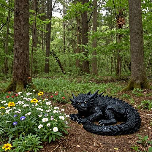Photograph of a black dragon sculpture curled in a forest, surrounded by vibrant yellow, white, and red flowers, tall trees, and lush greenery