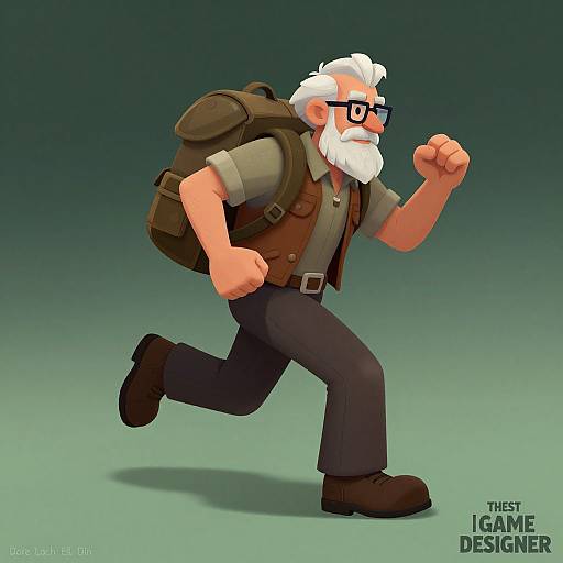 Digital cartoon of an elderly white-bearded man with glasses, brown vest, and backpack, running determinedly, by The Igame Designer.