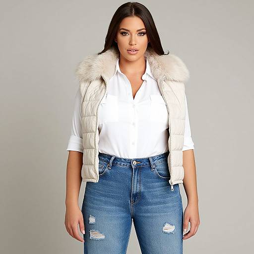 Photograph of a brunette woman with straight hair, wearing a white puffer vest with fur trim, white button-up shirt, and blue ripped jeans,
