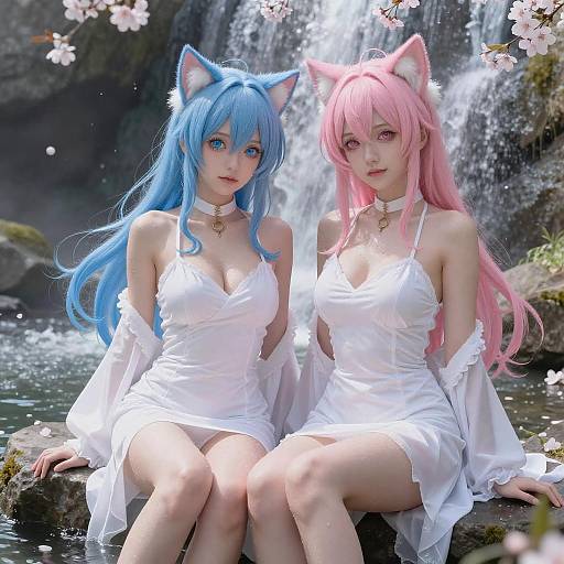 Anime Style Women with Cat Ears by Waterfall