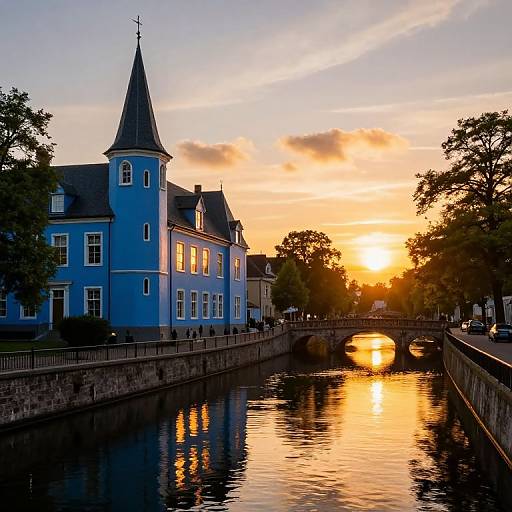Photograph of a blue, castle-like building with a pointed roof, reflecting in a calm canal, at sunset with a golden sky and bridge arching