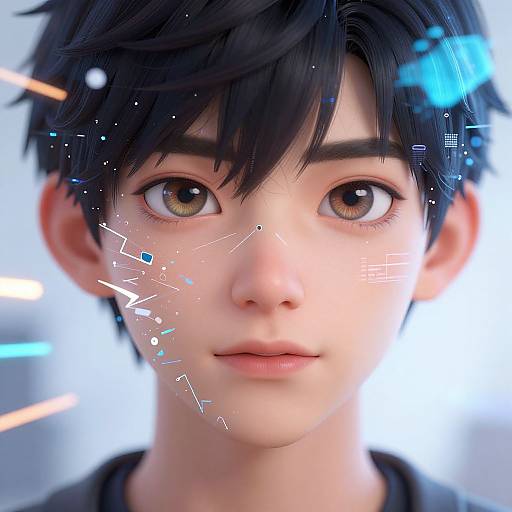 Digital portrait of a young, androgynous person with large, brown eyes, black messy hair, and fair skin, adorned with futuristic blue and