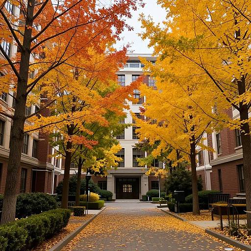 Photograph of a university courtyard with vibrant autumn leaves, yellow and orange trees lining the path, leading to a central building entrance.