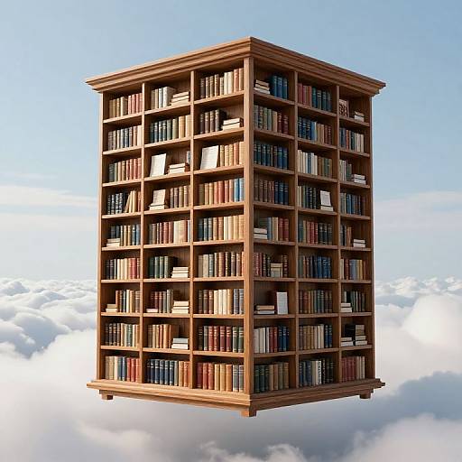 Photograph of a towering wooden bookshelf filled with books, floating in a clear blue sky with fluffy white clouds below.