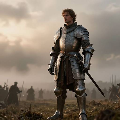 Photorealistic CGI of a solemn, curly-haired man in silver medieval armor holding a sword, standing in a misty battlefield at sunrise.