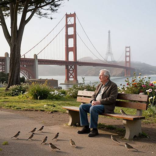 Photograph of an older white man with gray hair, wearing a black jacket and blue jeans, sitting on a wooden bench, watching pigeons, with