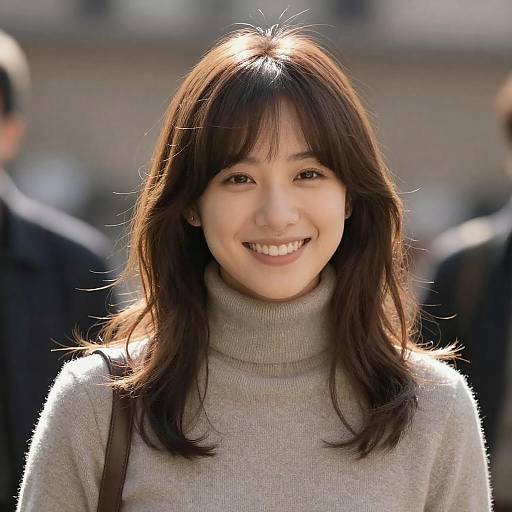 Smiling Woman in Gray Turtleneck Sweater