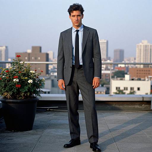Photograph of a serious-looking man in a dark blue suit, white shirt, and black tie, standing on a rooftop with a cityscape and p