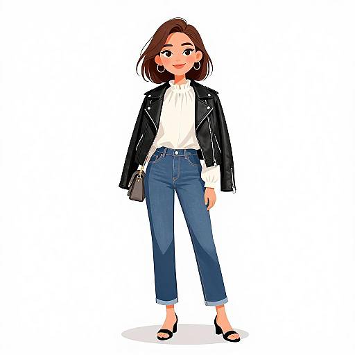 Digital illustration of a young woman with short brown hair, wearing a black leather jacket, white blouse, blue jeans, and black heels, with a small
