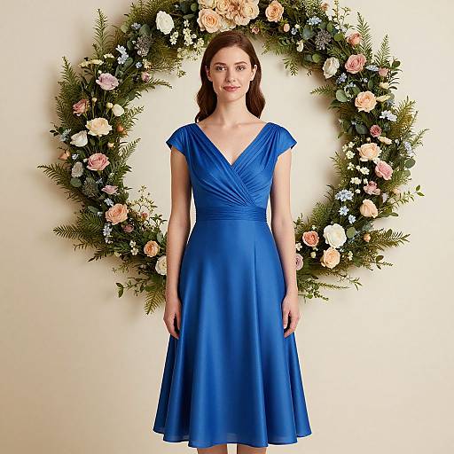 Photograph of a fair-skinned woman with brown hair, wearing a royal blue, short-sleeved, V-neck, knee-length dress, standing