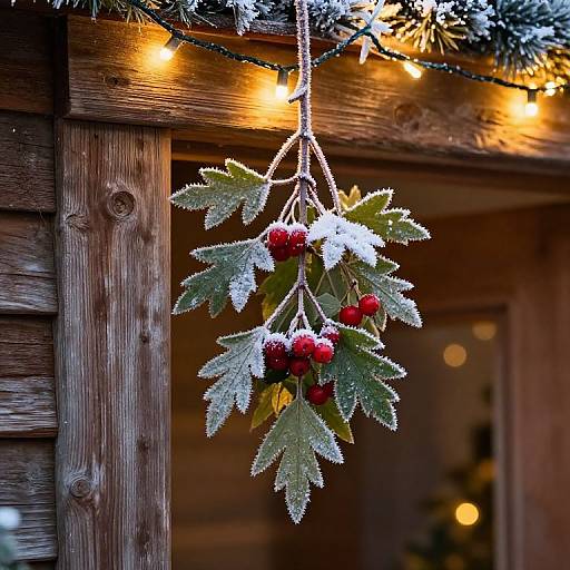 Photograph of a frosty, leafy Christmas ornament with red berries, hanging from a string of warm yellow lights, against a rustic wooden wall.